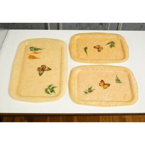 Mid-Century Modern SPUN FIBERGLASS Trays BUTTERFLY AND FERN Set of 3 Yellow Gold